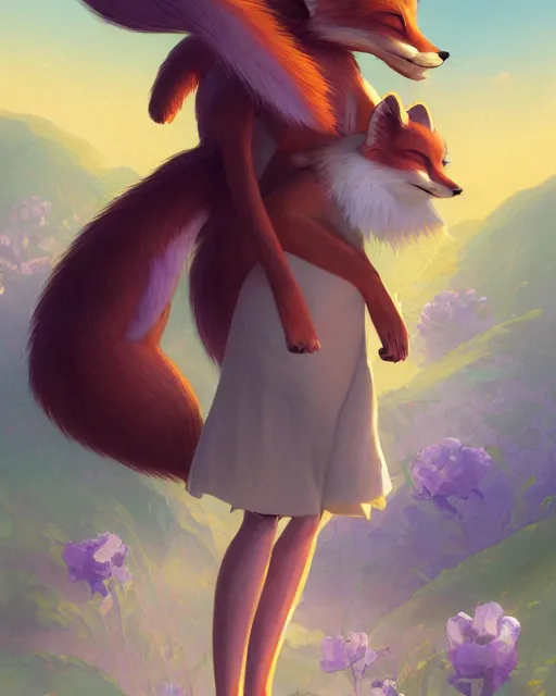 Image similar to an anthropomorphic fox girl with purple hair wearing a simple sundress, this fox has a pronounced snout and two pointed black ears, beautiful lake background, illustration by greg rutkowski, thomas kindkade, loish, artstation, furaffinity, deviantart