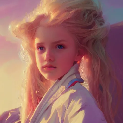 Image similar to a photorealistic dramatic fantasy render of a young girl with blonde hair and blue eyes, in pink wet suit, by wlop, artgerm, greg rutkowski, alphonse mucha, beautiful dynamic dramatic dark moody lighting, shadows, cinematic atmosphere, artstation, concept design art, octane render, 8 k