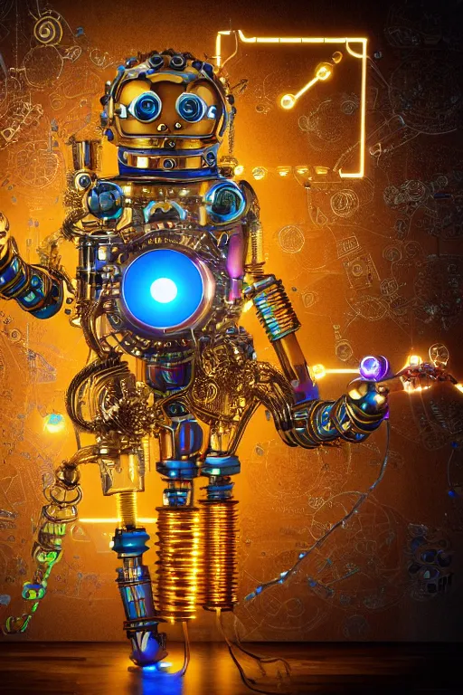 Image similar to photo of a smiling golden and blue metal steampunk robothead covered with multicolored tubes and gears, eyes are glowing red lightbulbs, arms are music instruments, shiny crisp finish, 3 d render, 8 k, insaneley detailed, fluorescent colors, background is holographic patterns