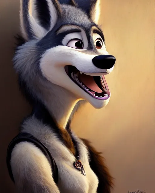 Prompt: oil painting of anthromorphic female wolf, in style of zootopia, female fursona, furry, furaffinity, 4 k, deviantart, furry art, fursona art, wearing black business suit, business suit, wolf fursona, female, very expressive detailed feminine face, by gaston bussiere, craig mullins, j. c. leyendecker