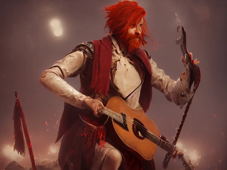 Prompt: Red Headed Slender Male Bard Singing, RPG Character Reference, Oil Painting, Trending on Artstation, octane render, Insanely Detailed, 8k, HD