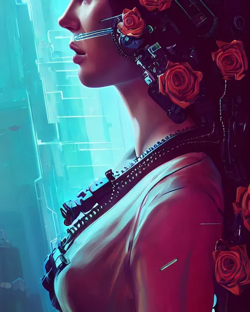 Image similar to portrait of lana del rey as a cyberpunk cyborg. sci - fi intricate abstract. intricate artwork, tear drops, roses, by tooth wu, wlop, beeple, dan mumford. concept art, octane render, trending on artstation, greg rutkowski, asymmetrical, cinematic arthouse, key art, hyper realism, iridescent accents