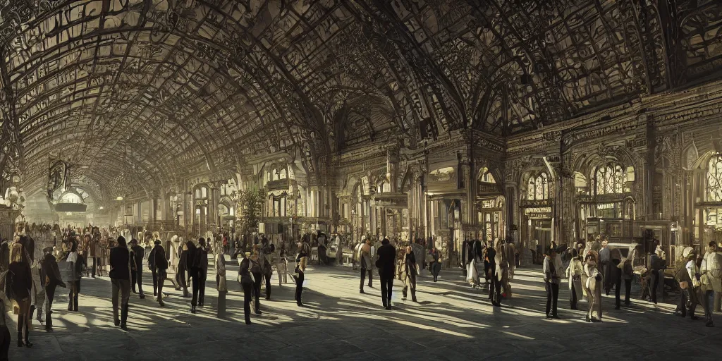 Prompt: cinematic movie scene, 200mm wide shot, precise architectural rendering, interior of victorian era railway station with ornate architecture, bustling with people and, victorian architecture, emerald, crystalline, detailed illustration, sharp focus, concept art, unreal engine, octane render, god rays, aesthetic