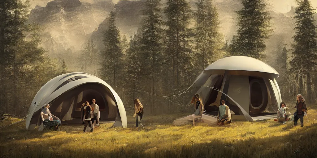 Image similar to cabela's tent futuristic pop up family pod, cabin, modular, person in foreground, mountainous forested wilderness open fields, beautiful views, painterly concept art, joanna gaines, environmental concept art, farmhouse, magnolia, concept art illustration by ross tran, by james gurney, by craig mullins, by greg rutkowski trending on artstation