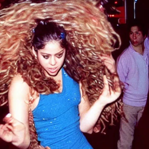 Image similar to Shakira dancing the cookie monster dance, in a nightclub, 1990 photograph