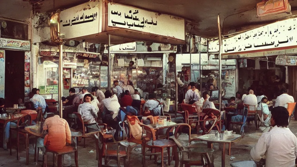 Image similar to colour photograph of a cafe in central baghdad in 1 9 7 1 + fujifilm