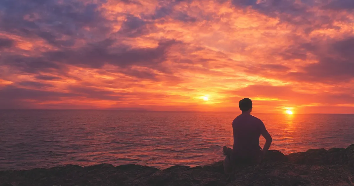 Prompt: wide range photo of a man looking at a beautiful sunset, highly detailed, colorful