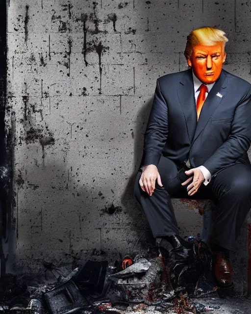 Image similar to a head and shoulders portrait of Donald trump wearing a orange jumpsuit, sitting on the floor of a filthy rat infested concrete jail, dimly lit, volumetric lighting, in jail by craig mullins and Annie Leibowitz, octane, 8k,