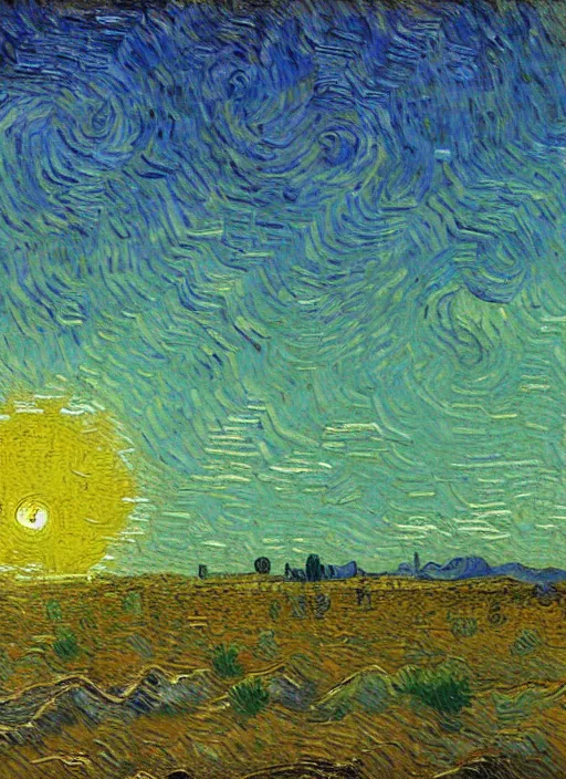 Image similar to high detailed oil painting of sunrise in the desert painted by vincent van gogh