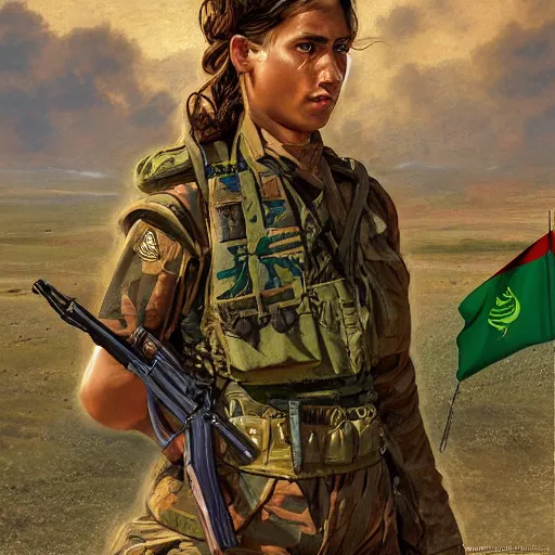 Image similar to beautiful YPJ soldier wearing a Kurdistan flag insignia in the defense of Kobanî in the siege of Kobanî, detailed, centered, digital painting, artstation, concept art, donato giancola, Joseph Christian Leyendecker, Boris Vallejo, Breathtaking, 8k resolution, extremely detailed, beautiful, establishing shot, artistic, hyperrealistic, beautiful face, octane render