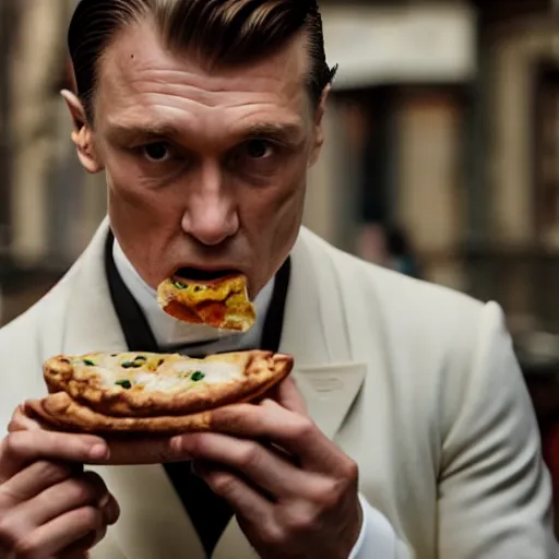 Prompt: Tommy shelby eating pizza, Photography