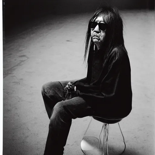 Image similar to keiji haino wearing shades, 3 5 mm film, portrait, by annie liebovitz