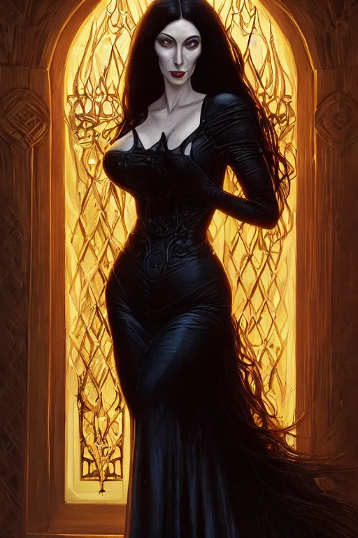 Image similar to ultra realistic illustration, claudia black as morticia addams from baldurs gate and diablo, intricate, elegant, highly detailed, digital painting, artstation, concept art, smooth, sharp focus, illustration, art by artgerm and greg rutkowski and alphonse mucha