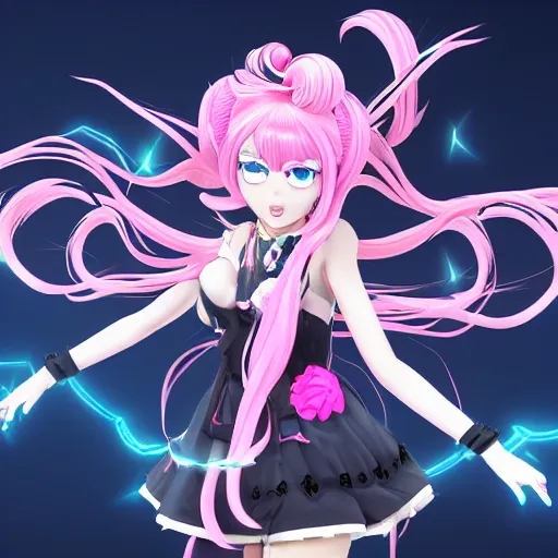 Image similar to stunningly beautiful omnipotent megalomaniacal anime ai goddess who looks like junko enoshima with symmetrical perfect face and porcelain skin, pink twintail hair and cyan eyes, traps you inside her inescapable full dive vr prison where she controls you completely!!!, hyperdetailed, digital art from danganronpa, unreal engine 5, 8 k