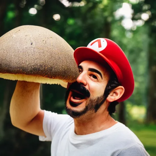 Image similar to photo of real life mario finding a giant mushroom, exhilarated, portrait, closeup. mouth open, 30mm, bokeh