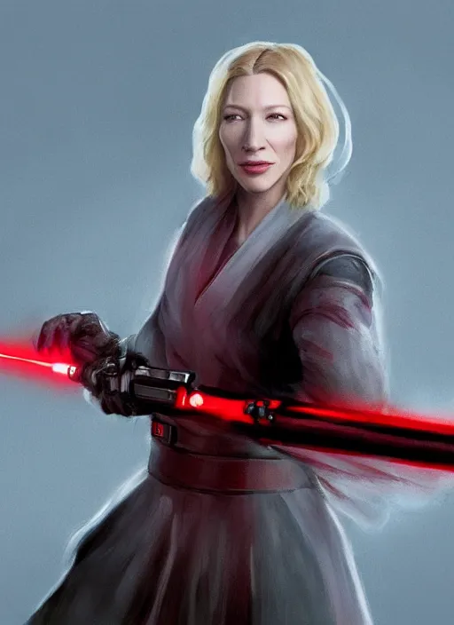 Prompt: Photo of cate blanchett with a red lightsaber, Star Wars concept art, trending on artstation, dramatic lighting, photo-realistic