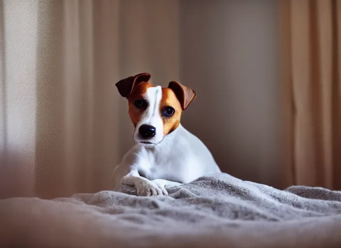 Image similar to photography of a Jack Russel . watching outside the window. on a bed. in a vintage room.,volumetric light, photorealistic,, award winning photo, 100mm, sharp, high res