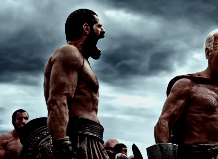 Image similar to cinematic film still of joe biden as leonidas shouting in 3 0 0 movie, 8 k, epic moody sky, dramatic lighting