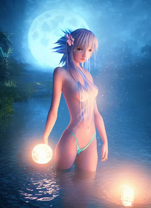 Prompt: beautiful water nymph, wearing magical dress, playing in a bioluminescent lagoon, magical moon shines overhead, floating lanterns emit warm glow, cinematic shot in the style of final fantasy, cinematic lighting, hyperdetailed, 8 k realistic, symmetrical, global illumination, mysterious light,, dof, trending on artstation, digital art, chanel