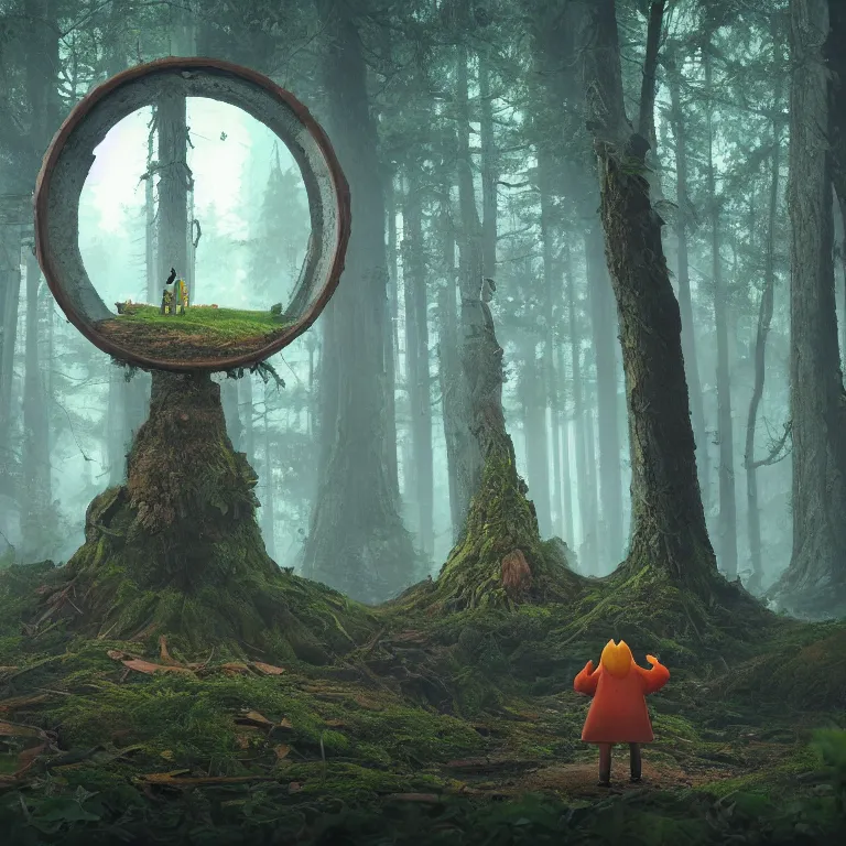 Image similar to a forest gnome standing in front of a circle portal open to another world Detailed digital matte painting in the style of simon stalenhag