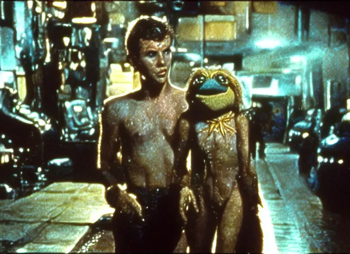 Prompt: scene from the 1982 science fiction film Muppet Blade Runner