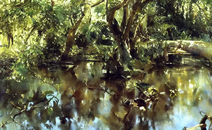 Image similar to oil painting lanscape by anders zorn, jungle nature, fruit trees, very very very very beautiful art, dramatic light, water reflections, aquarelle paint splashes, white canvas border