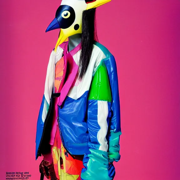 Image similar to model in plastic bird mask wearing baggy colorful 9 0 s jacket by rick owens. magazine ad. pastel brutalist background.