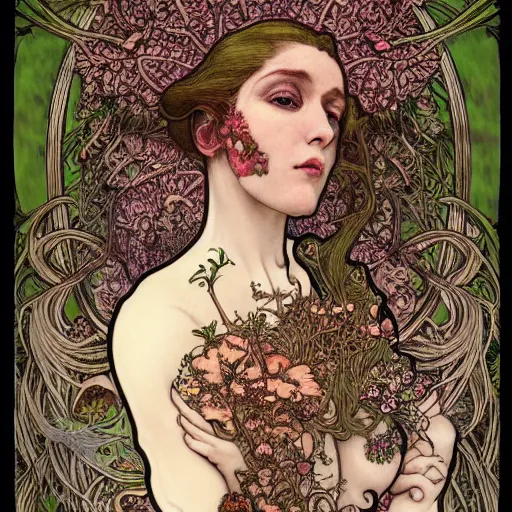 Prompt: a beautiful detailed front view portrait of a rotten woman corpse with fractal plants and fractal flowers and mushrooms growing around, symmetrical, ornate, ornamentation, illustration, in the style of art nouveau, mucha