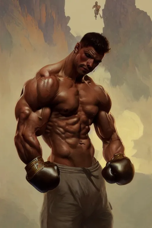 Prompt: A muscular fighter, fit, very muscular male body, intricate, highly detailed, digital painting, artstation, concept art, sharp focus, illustration, art by greg rutkowski and alphonse mucha