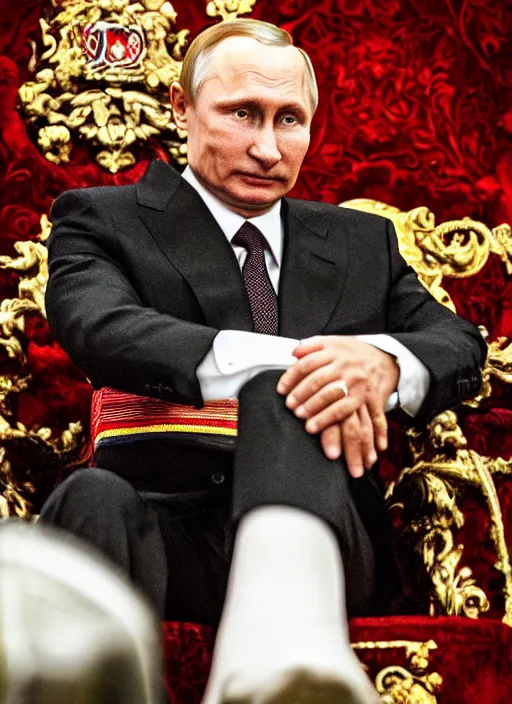 Image similar to A photo of vladimir putin the barbarian sitting on his throne, award winning photography, sigma 85mm Lens F/1.4, perfect faces