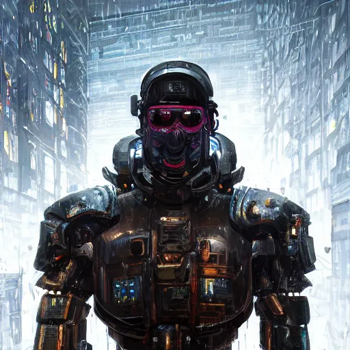 Image similar to a cyberpunk soldier in heavy armor on a crowded street in the rain, au naturel, hyper detailed, digital art, trending in artstation, cinematic lighting, studio quality, smooth render, unreal engine 5 rendered, octane rendered, art style by klimt and nixeu and ian sprigger and wlop and krenz cushart intricate artwork by Tooth Wu and wlop and beeple. octane render, trending on artstation, greg rutkowski very coherent symmetrical artwork. cinematic, hyper realism, high detail, octane render