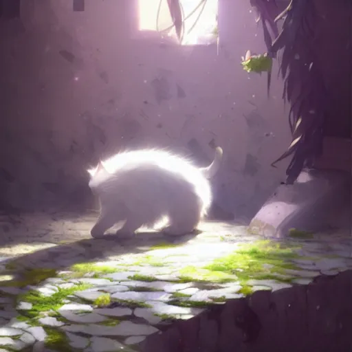 Prompt: cat cryo fern anime art by greg rutkowski makoto shinkai kreuz