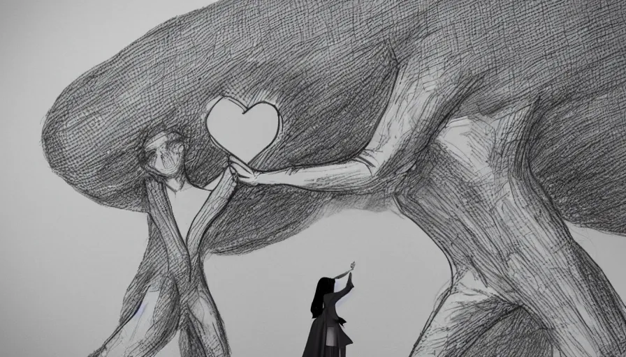 Image similar to a giantess man with a giant woman dancing together, enormous, big, pencil sketch, 3 d render, trees, houses, street, hearts symbol