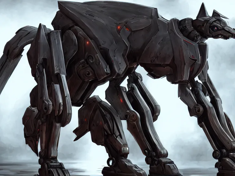 Image similar to cinematic shot, vorestation borg hound, medical mecha hound, taller than man, sharp armor, mecha maw, feral body, sharp metal, visor eyes, detailed, furry art, digital art, warframe hound, furaffinity, deviantart, sofurry