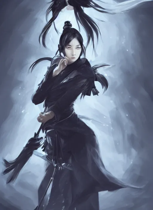 Image similar to a highly detailed illustration of fierce messy ponytail black haired one eyed japanese woman wearing long white coat, wearing eyepatch, dramatic wielding paper sword pose, intricate, elegant, highly detailed, centered, digital painting, artstation, concept art, smooth, sharp focus, league of legends concept art, wlop.