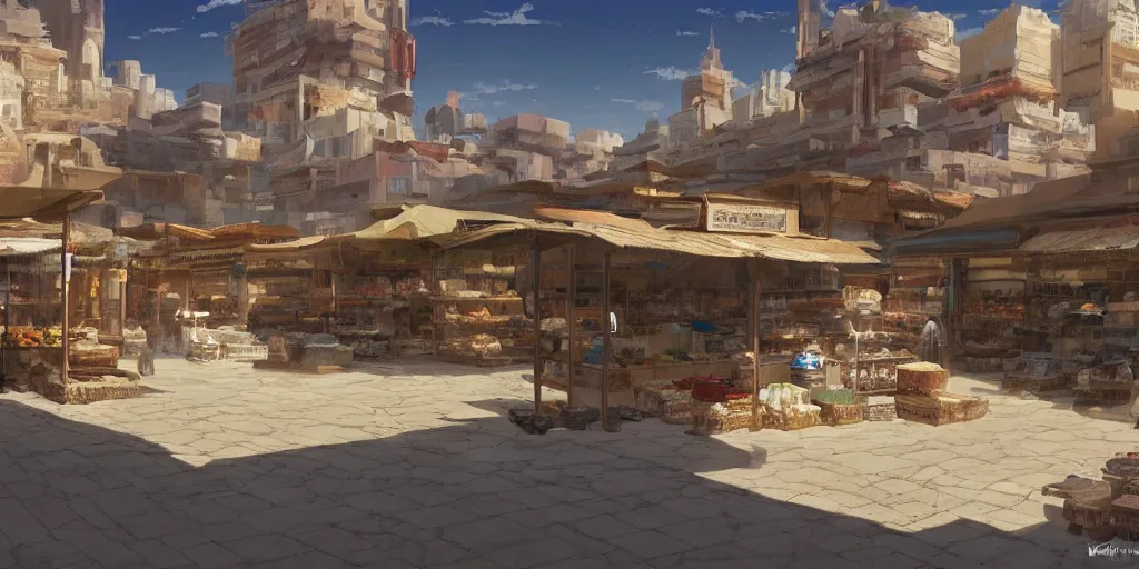 Image similar to an empty arabian marketplace with no people in biblical times by makoto shinkai