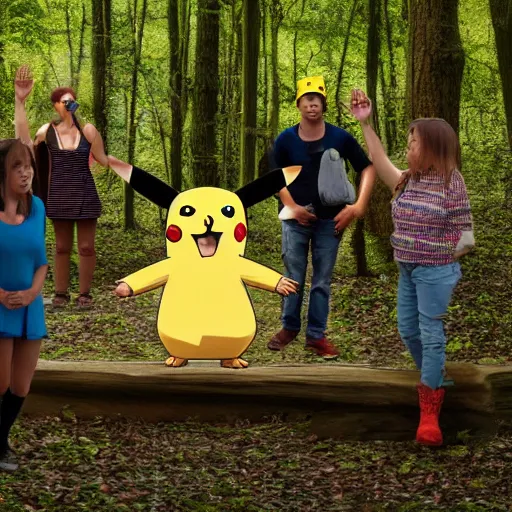 Prompt: group of people worshipping pikachu in the forest, 4 k