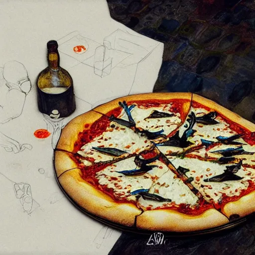 Prompt: spring unique calssical london line avocet pizza recipe arneis, by egon schiele and yves klein and jakub rozalski, rococo, child's drawing, trending on artstation