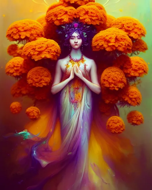 Prompt: Full View Portrait Mystical ethereal marigold deity wearing beautiful dress, marigold Dryad, 4k digital masterpiece by Anna dittman and Ruan Jia and Alberto Seveso, fantasycore, Hyperdetailed, realistic oil on linen, soft lighting, marigold background, featured on Artstation
