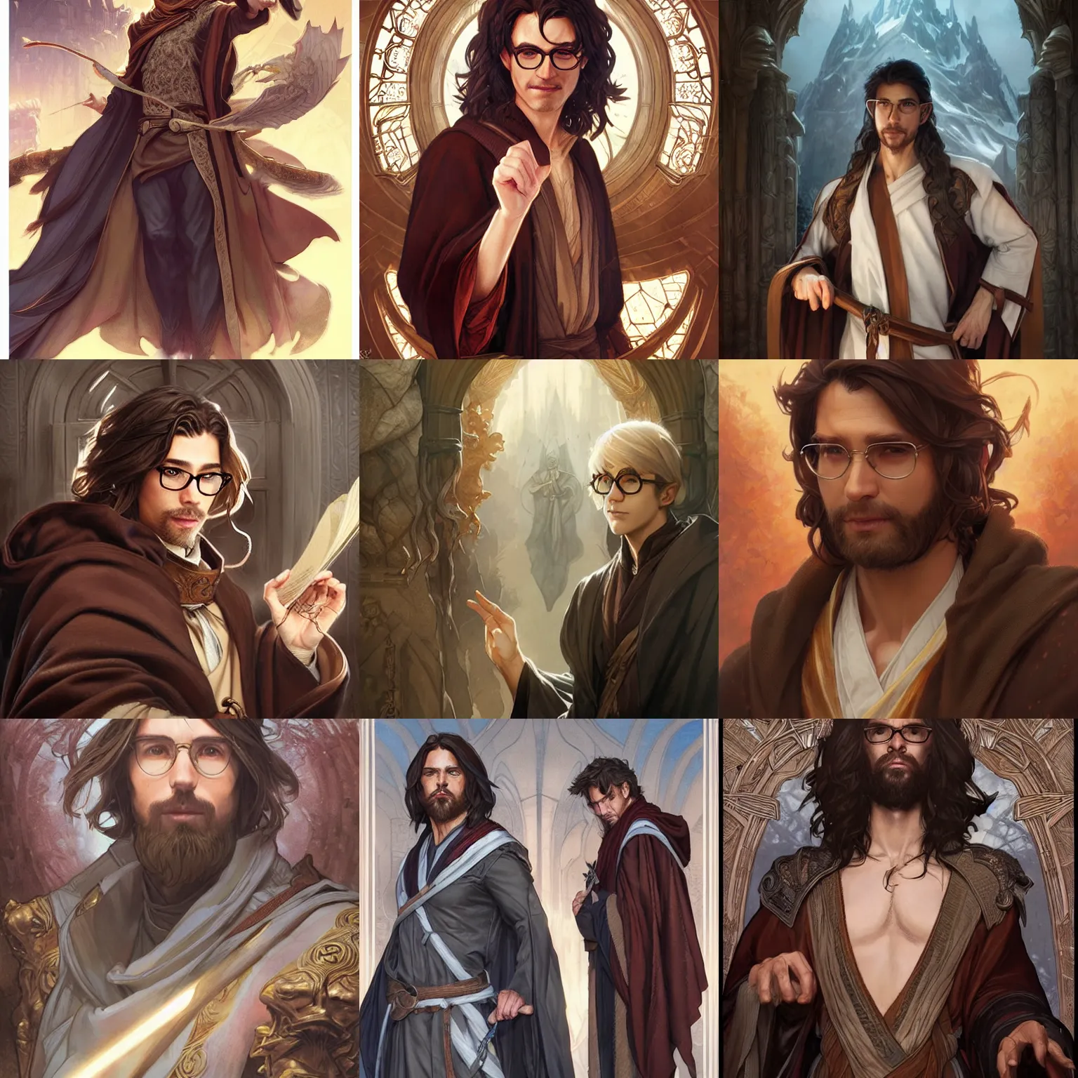 Prompt: male wizard, brown hair, robes, glasses, D&D, fantasy, character portrait, highly detailed, art by artgerm and greg rutkowski and alphonse mucha