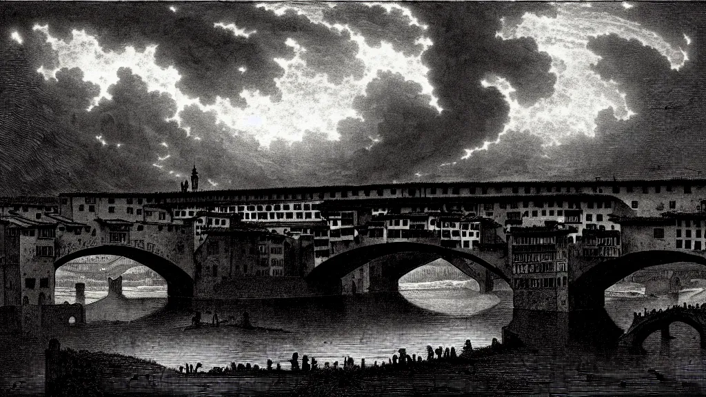 Prompt: the old bridge in florence burns, dark clouds, fire, burning, dark, eerie, night, dystopian, city, eldritch, illustration by Gustave Doré