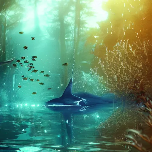 Prompt: school of fish swimming in the magical forest under the water , dreamy, magical effect, glowing effect, devianart, artstation, hyperreal, hyperdetailed, illustration