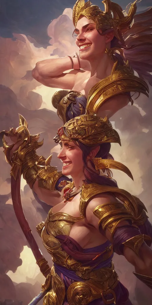 Image similar to portrait of a warrior smiling upon victory, league of legends, intricate, highly detailed, digital painting, hyperrealistic, artstation, concept art, smooth, sharp focus, illustration, Unreal Engine 5, 8K, art by artgerm and greg rutkowski and alphonse mucha, by Jesper Ejsing