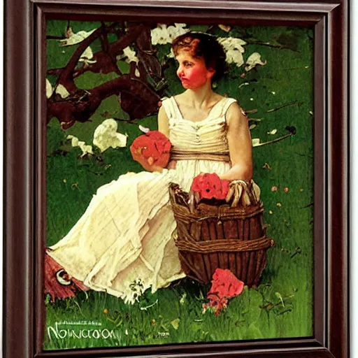 Prompt: Persephone in Spring, by Norman Rockwell, warm glow