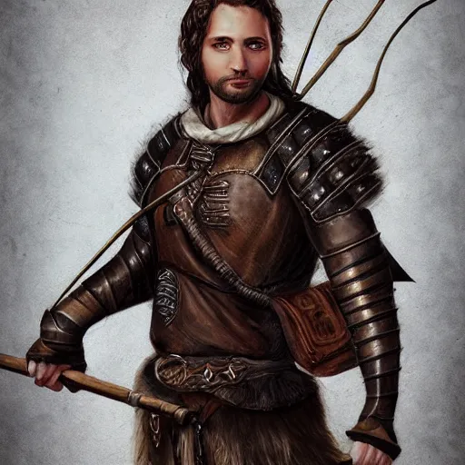 Image similar to realistic portrait, 30 year old man, dark taint :: athletic, fantasy mage, medieval leather armour, brown clothes, wooden staff :: high detail, digital art, RPG, concept art, illustration