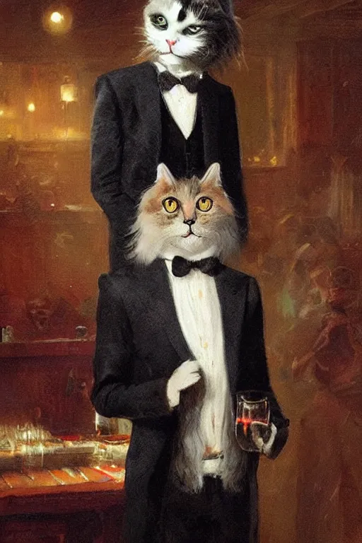 Image similar to of a gentlemen cat with the head of a british longhair cat, wearing vest suite in the night club, by greg rutkowski