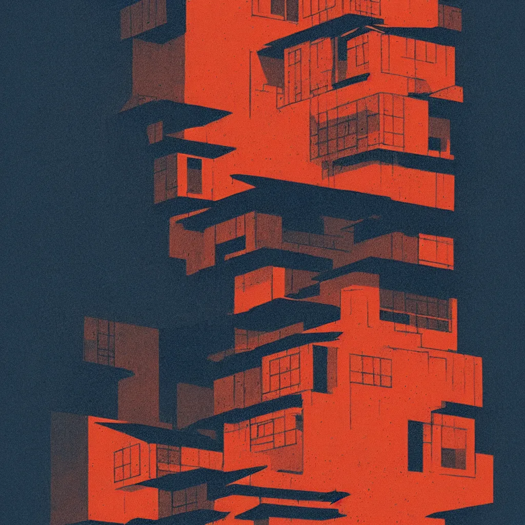 Prompt: old kyoto, mads berg, karolis strautniekas, film noir, stippled light, dramatic lighting, editorial illustration, detailed, fine texture, matte print, art deco, brutalism, dark blue + dark orange, red, black, ( ( habitat 6 7 background ) )