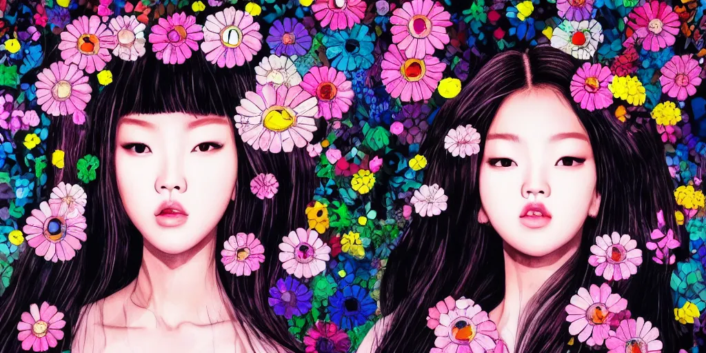 Image similar to a portrait of a very seductive Jennie Kim Blackpink, hair full of flowers, photoillustration, realistic, closeup, facing the camera, dramatic lighting, in the style of Takashi Murakami and Kim Deuk-sin and Okuda Genso