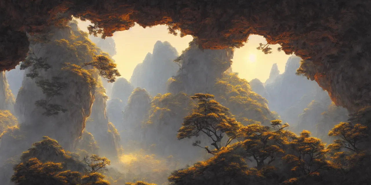 Image similar to huangshan with floating stones in zero gravity, without trees, karst pillars forest, taoist temples and monks, artwork by ansel adams, andreas rocha, artstation, scifi, hd, wide angle, view on the valley from inside a dark grotto, autumnal, sunset