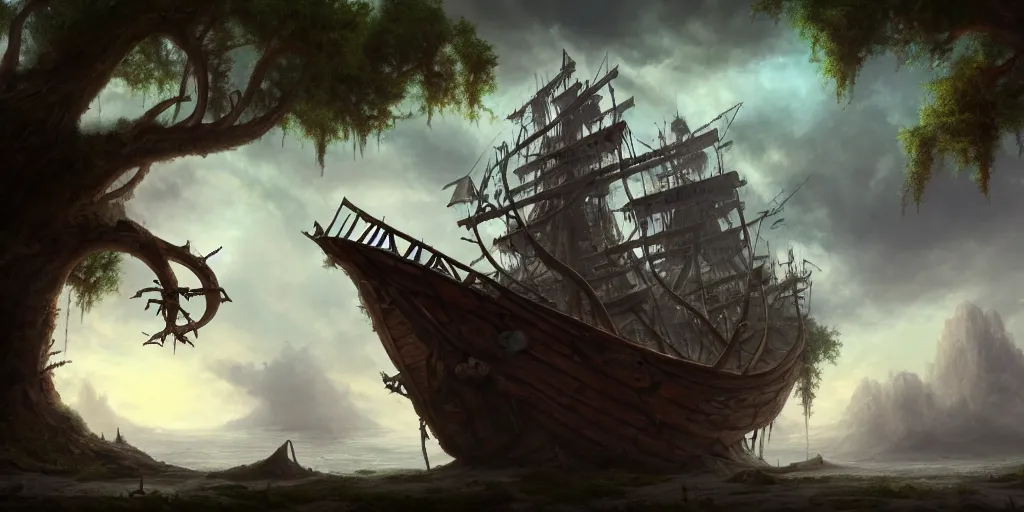 Image similar to A derelict pirate ship grounded in the treetops of giant oaks, game art matte painting hyperdetailed, artstation, cgsociety, 8k, surreal dream landscape